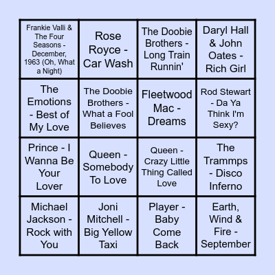 Prince Music Bingo 70s Bingo Card