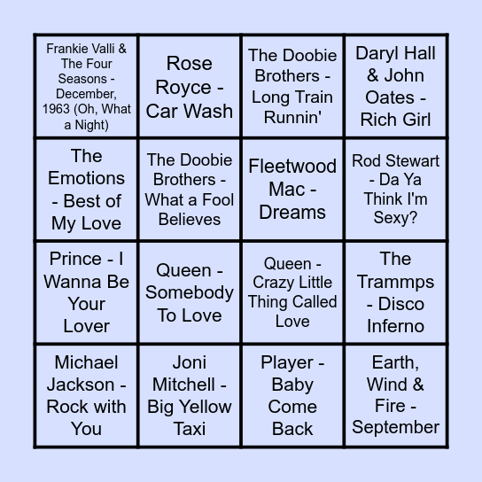 Prince Music Bingo 70s Bingo Card