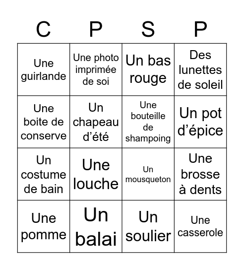 Objets à trouver Bingo Card