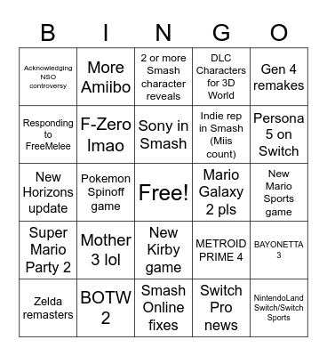 Nintendo Direct Bingo 2/17/2021 Bingo Card