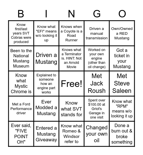 Ford Mustang BINGO Card