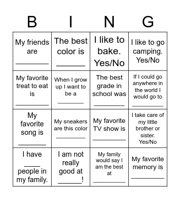Get to Know Me! Bingo Card
