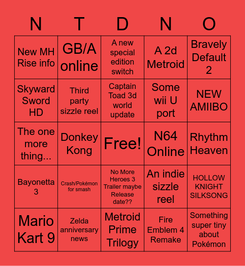 Nintendo Direct 2-17-21 Bingo Card