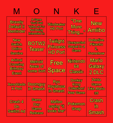 Nintendo Direct Bingo Card