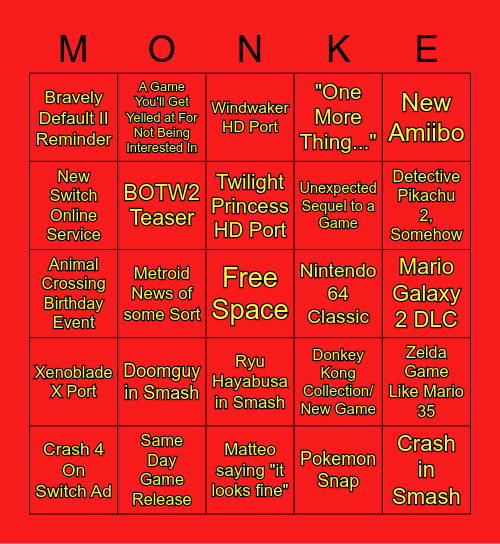 Nintendo Direct Bingo Card