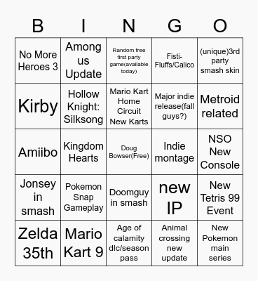 Nintendo Direct 18/02/2021 Bingo Card