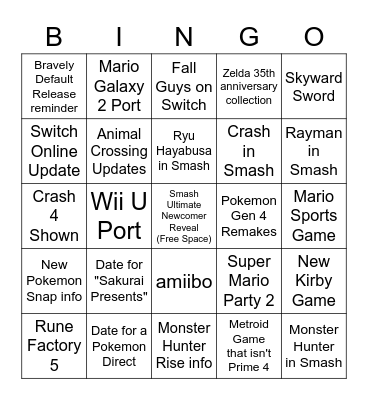 Nintendo Direct Bingo 2/17/21 Bingo Card