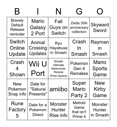 Nintendo Direct Bingo 2/17/21 Bingo Card