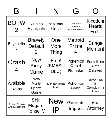 Nintendo Direct 2.17.2021 Bingo Card