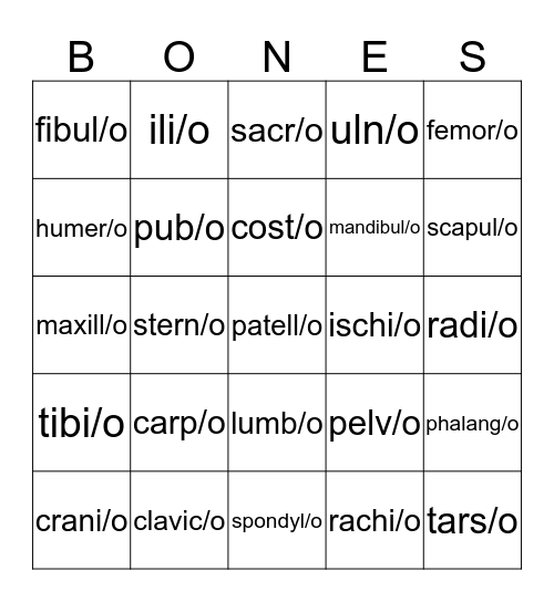 Word parts Bingo Card
