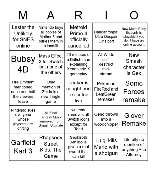 Nintendo Direct 2/17/21 Bingo Card