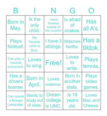 Get To Know Me Bingo! Bingo Card