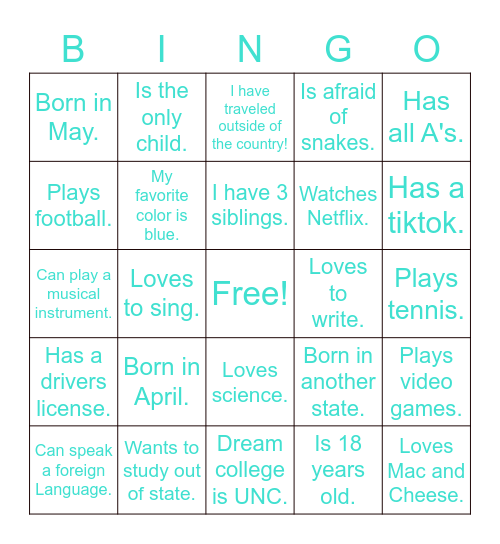 Get To Know Me Bingo! Bingo Card