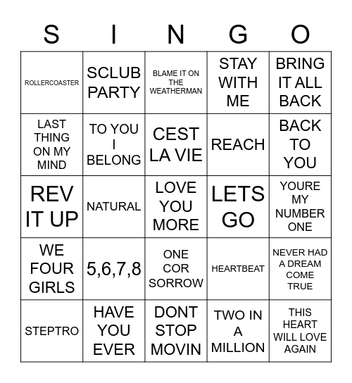 611 STEPS VS SCLUB 7 VS B’WITCHED Bingo Card