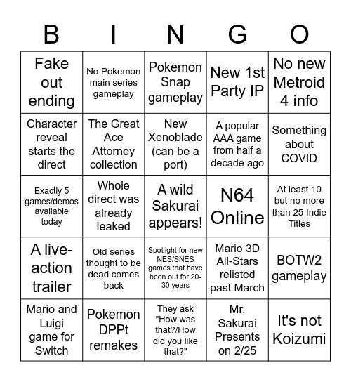 Nintendo Direct Bingo Card