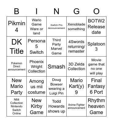 Nintendo Direct Feb 17 Bingo Card