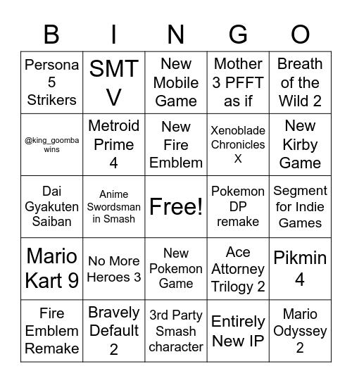 Nintendo Direct Feb 2021 Bingo Card