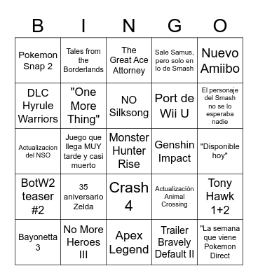 Nintendo Direct 17/02/21 Bingo Card