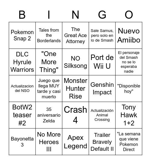 Nintendo Direct 17/02/21 Bingo Card