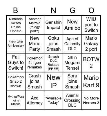 Nintendo Direct 2.17.2021 Bingo Card