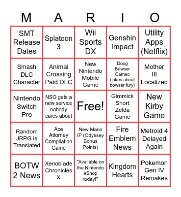 Nintendo Direct Bingo Card