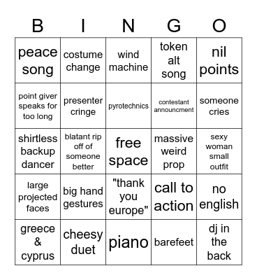 Eurovision Bingo Card