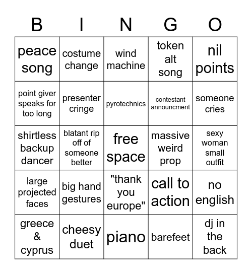 Eurovision Bingo Card