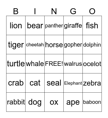 Animals Bingo Card