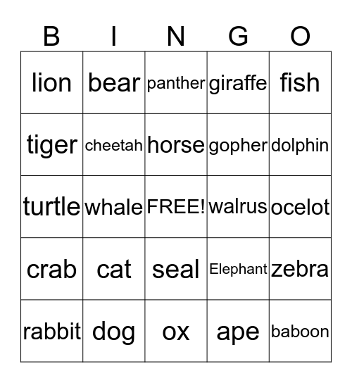 Animals Bingo Card