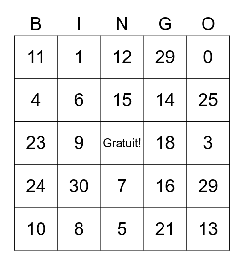 French numbers 1-30 Bingo Card