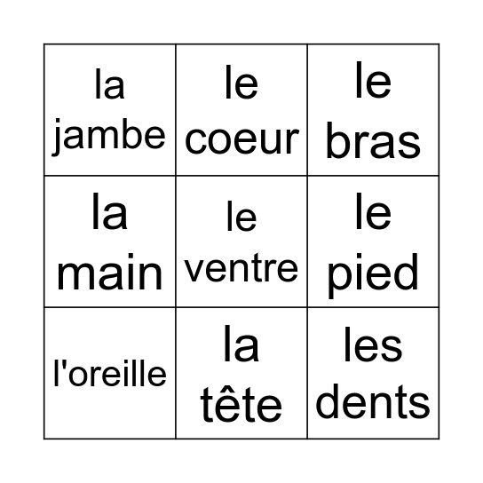 Parties du corps Bingo Card