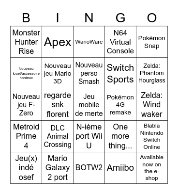 Bingo Nintendo Direct Bingo Card