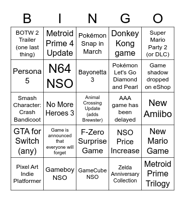 Joshua Nintendo Direct Bingo Card