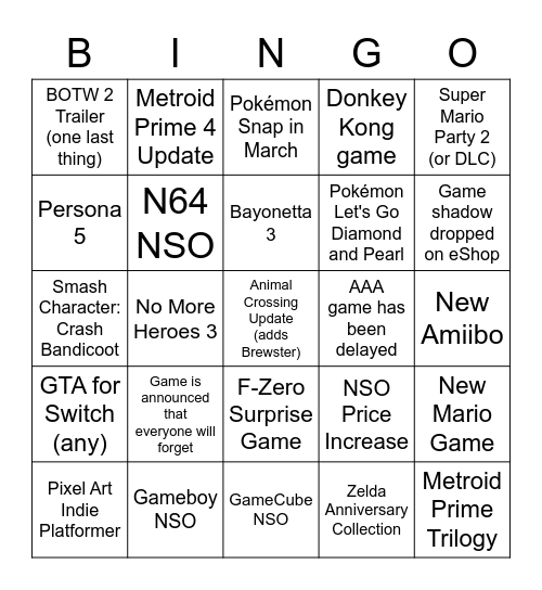 Joshua Nintendo Direct Bingo Card