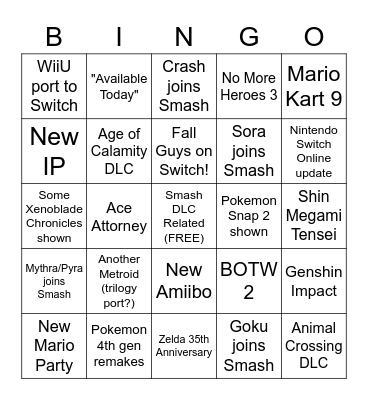 Nintendo Direct 2.17.2021 Bingo Card