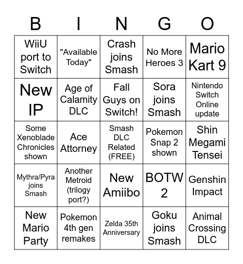 Nintendo Direct 2.17.2021 Bingo Card