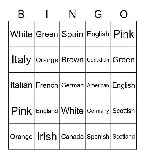 Countries Colours Nationalities Bingo Card
