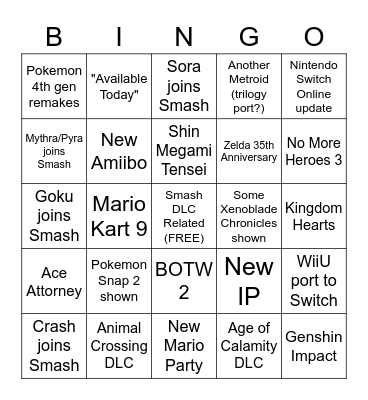 Nintendo Direct 2.17.2021 Bingo Card