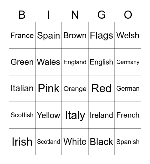 Colours Countries Nationalties Bingo Card