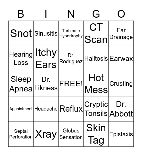 Ear, Nose, & Throat Bingo Card