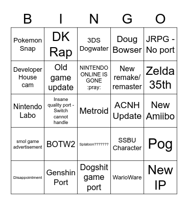 Nintendo Direct Bingo Card