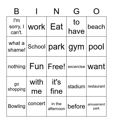 Unit 1: Let's Hang Out! Bingo Card