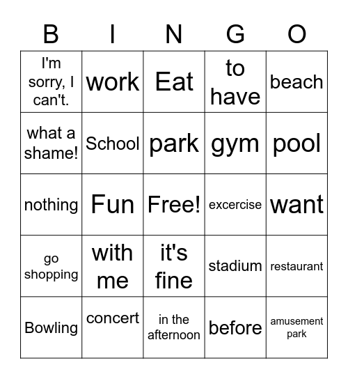 Unit 1: Let's Hang Out! Bingo Card