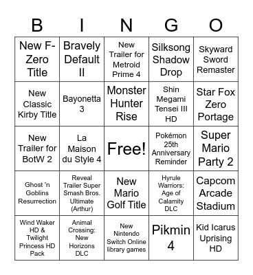 Nintendo Direct Bingo Card