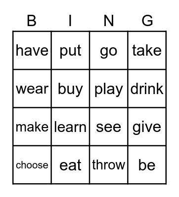 Irregular verbs Bingo Card