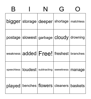Suffixes Part A Bingo Card