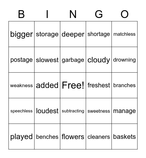 Suffixes Part A Bingo Card