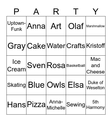 Rosa's Birthday Party Bingo Card