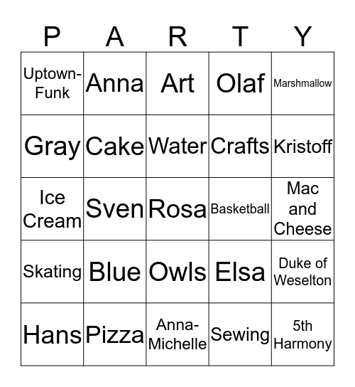 Rosa's Birthday Party Bingo Card