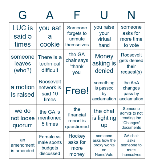 Please stay until the end! we need quorum to make this GA valid :) Bingo Card